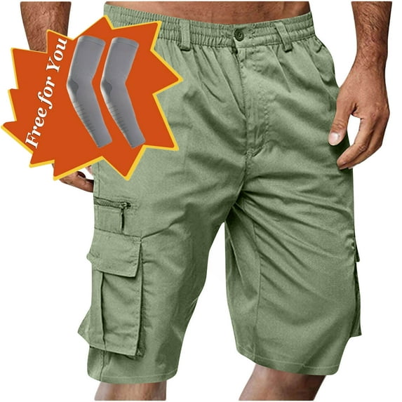 Havenre Men's Capri Long Elastic Cargo Shorts Below Knee Shorts 3/4 Button Elastic High Waist Cotton Cargo Casual Relaxed Fit Shorts with Multi-Pockets Light Green XL