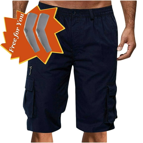 Havenre Men's Capri Long Elastic Cargo Shorts Below Knee Shorts 3/4 Button Elastic High Waist Cotton Cargo Casual Relaxed Fit Shorts with Multi-Pockets Navy XXL