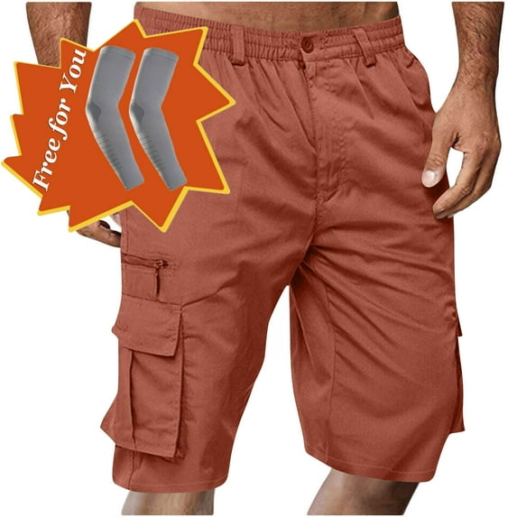 Havenre Men's Capri Long Elastic Cargo Shorts Below Knee Shorts 3/4 Button Elastic High Waist Cotton Cargo Casual Relaxed Fit Shorts with Multi-Pockets Orange L