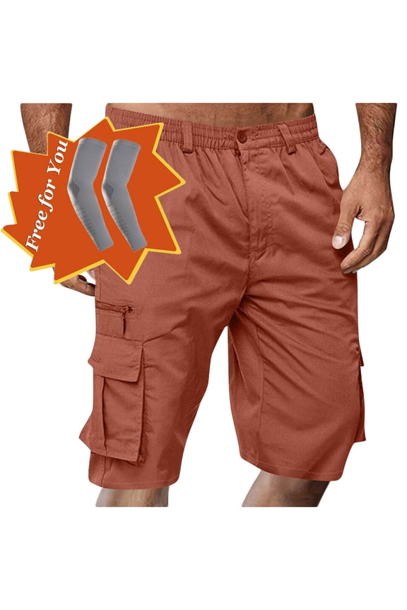 Men's Capri Long Elastic Cargo Shorts Below Knee Shorts 3/4 Button Elastic High Waist Cotton Cargo Casual Relaxed Fit Shorts with Multi-Pockets Orange XL