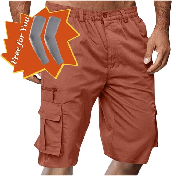 Havenre Men's Capri Long Elastic Cargo Shorts Below Knee Shorts 3/4 Button Elastic High Waist Cotton Cargo Casual Relaxed Fit Shorts with Multi-Pockets Orange XXL
