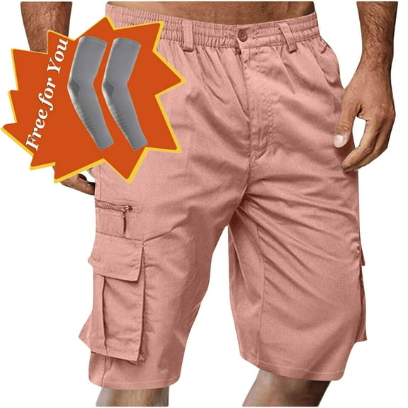 Havenre Men's Capri Long Elastic Cargo Shorts Below Knee Shorts 3/4 Button Elastic High Waist Cotton Cargo Casual Relaxed Fit Shorts with Multi-Pockets Pink XXL