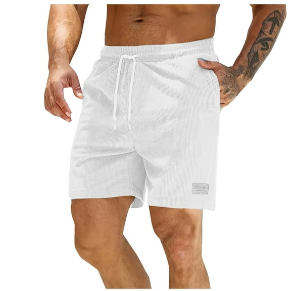 Havenre Men's Corduroy Shorts Lightweight Casual Elastic Waist Drawstring Lightweight Summer Beach Shorts with Pockets White S