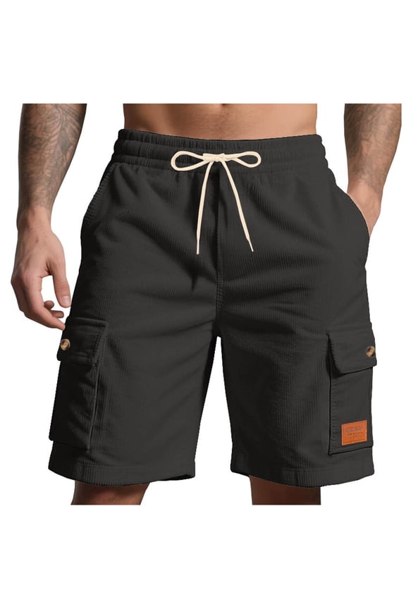 Men's Cotton Cargo Shorts Loose Regular Fit Elastic Drawstring Waist Bermuda Shorts Summer Casual Beach Shorts with Pockets Black S