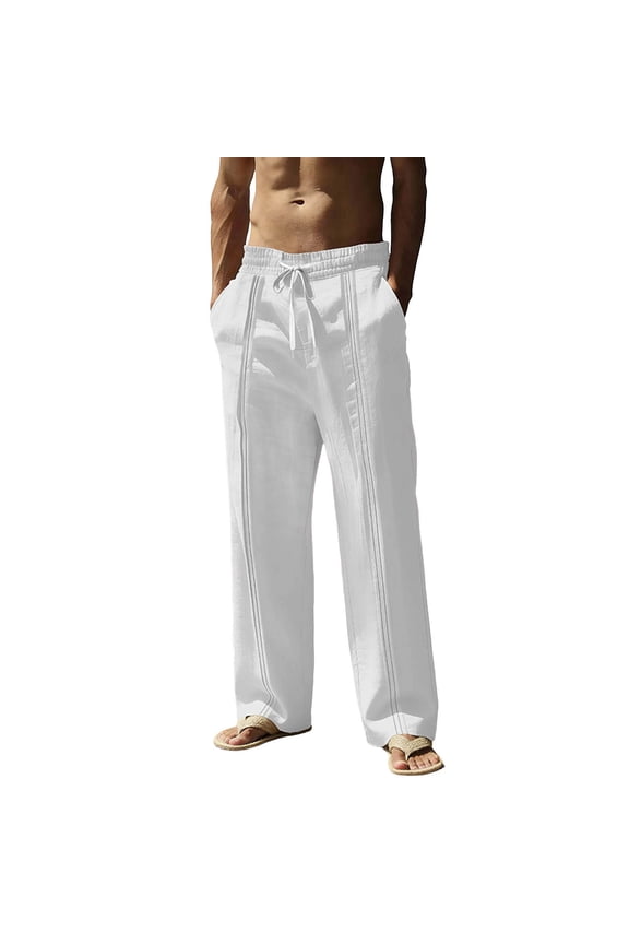 Men's Cotton Linen Pants Elastic Waist Drawstring Casual Striped Lounge Trousers Lightweight Straight-Legs Loose Beach Yoga Pants with Pockets White S