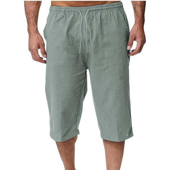 Havenre Men's Linen Capri Shorts Lightweight Casual Baggy Knee Length 3/4 Pants Summer Drawstring Beach Pants Lounge Shorts with Pockets Mint Green XL