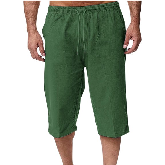Havenre Men's Linen Capri Shorts Lightweight Casual Baggy Knee Length 3/4 Pants Summer Drawstring Beach Pants Lounge Shorts with Pockets Green S