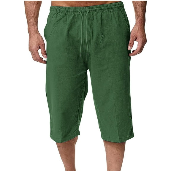 Havenre Men's Linen Capri Shorts Lightweight Casual Baggy Knee Length 3/4 Pants Summer Drawstring Beach Pants Lounge Shorts with Pockets Green XXL