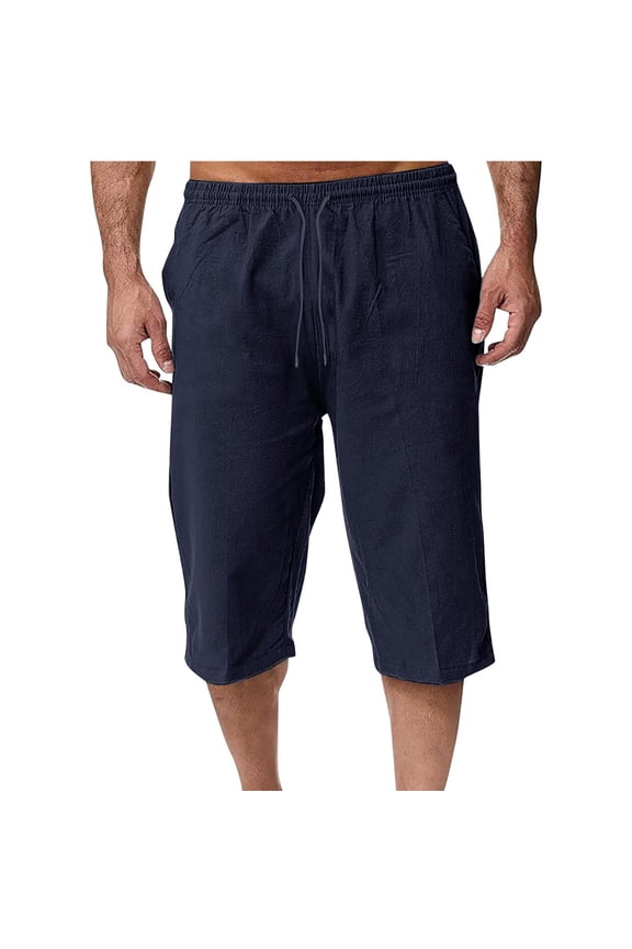 Men's Linen Capri Shorts Lightweight Casual Baggy Knee Length 3/4 Pants Summer Drawstring Beach Pants Lounge Shorts with Pockets Navy M