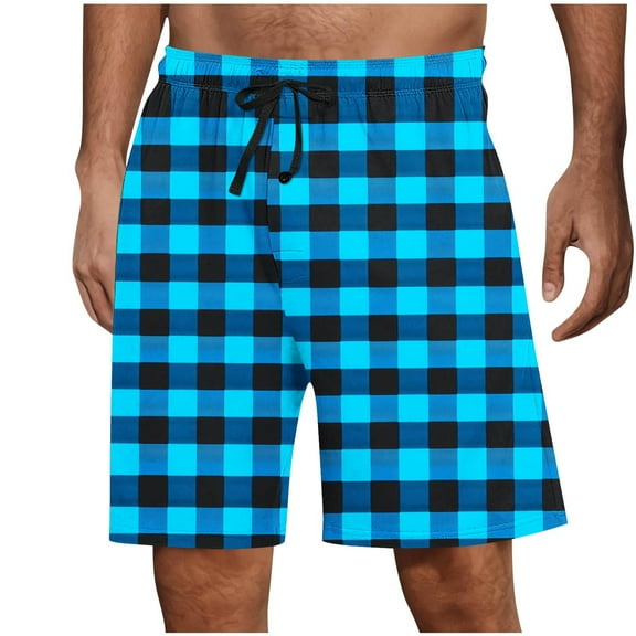 Havenre Men's Pajama Shorts Plaid Sleep Short Pants with Pockets Soft Drawstring Elastic Waist Baggy Lounge Woven Pajamas Bottoms for Men Light Blue XL