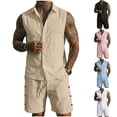 thumbnail image 1 of Havenre Men's Summer Beach Outfits 2 Piece Sleeveless Button Down Hawaiian Shirts and Drawstring Elastic Waist Shorts Lightweight Comfy Vacation Texture Linen Sets for Men Pink XXL, 1 of 8
