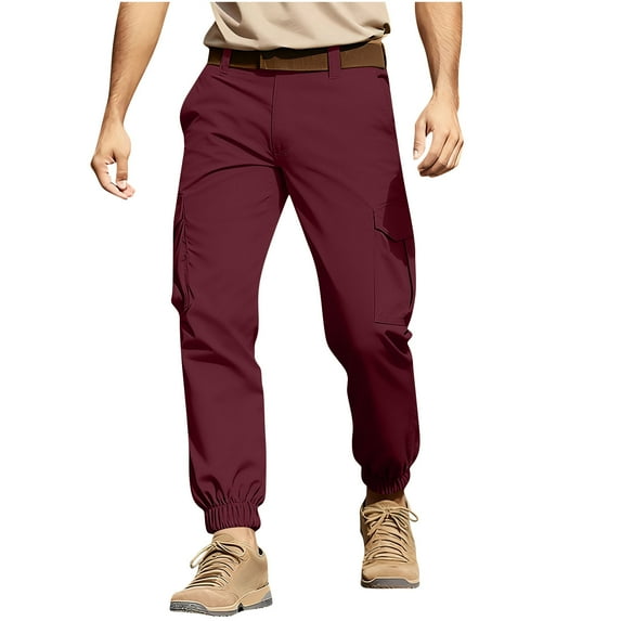 Havenre Men's Waterproof Hiking Work Pants Plus Size Slim Fit Elastic Bottom Cargo Joggers Casual Stretch Quick Dry Outdoor Pants with Pockets Wine XXXL