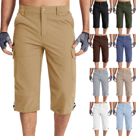 Havenre Men's Workout Shorts 7 Pockets Lightweight Straight Leg Quick Dry 3/4 Capri Pants Zipper Pockets Elastic Waist Basic Solid Hiking Athletic Shorts Gray M