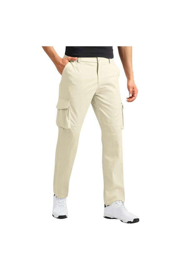 Mens Cargo Hiking Pants Lightweight Quick Dry Fishing Pants, Casual Button Stretch Waist Work Pants Water Resistant Outdoor Tactical Outfit Clothes with Multi-Pockets Beige XXXXL