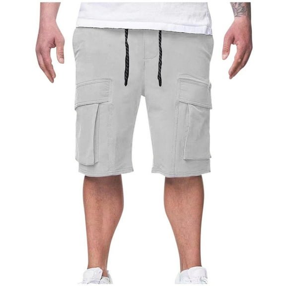 Havenre Mens Cargo Shorts Casual Solid Color Lightweight Summer Drawstring Elastic High Waist Outdoor Work Cargo Shorts with Multi Pockets Gray L