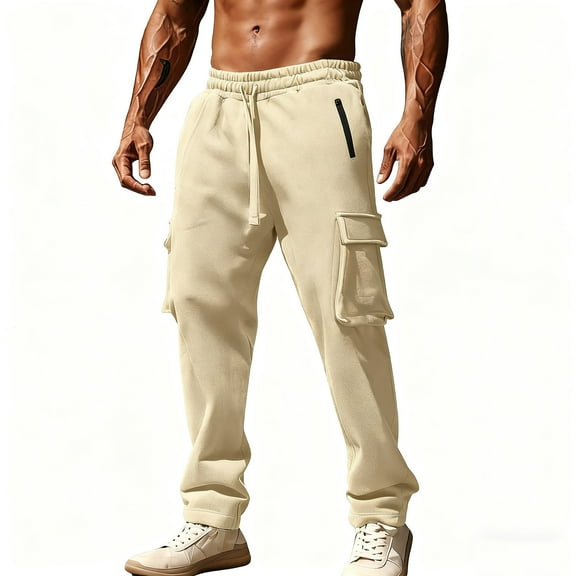 Havenre Mens Cargo Sweatpants Drawstring Elastic High Waist Athletic Jogger Pants Loose Fit Casual Straight Leg Workout Sport Pants with Multi-Pockets Beige XL