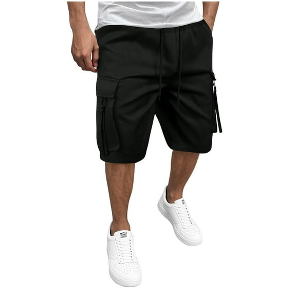 Havenre Mens Casual Cargo Shorts Loose Soft Cotton Drawstring Stretch Beach Shorts Regular Fit Twill Chino Short with Multi-Pockets Black L