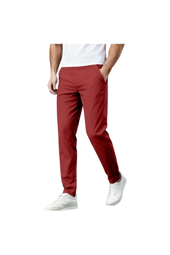 Mens Casual Chino Pants Button Elastic Waist Lightweight Stretch Golf Pants Classic-Fit Business Dress Tapered Work Trousers with Pockets Wine XL