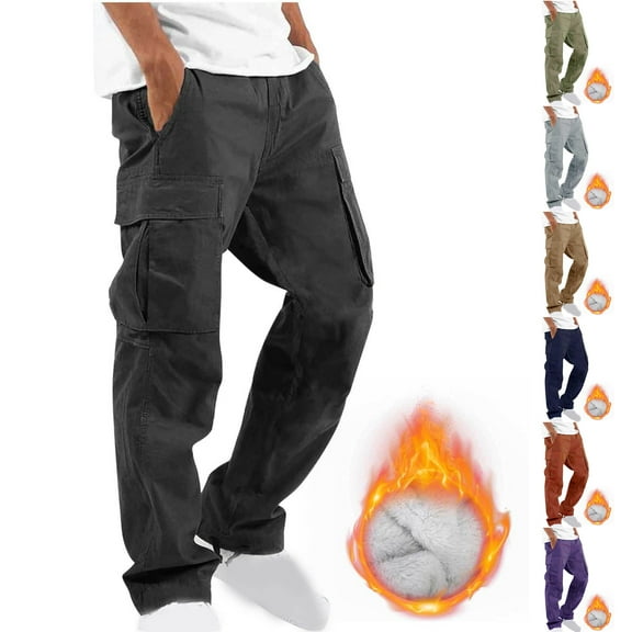 Havenre Mens Casual Fleece Lined Warm Cargo Pants Big and Tall Regular Fit Fall Winter Outdoor Jogger Pants Loose Straight Leg Trousers with Multi-Pockets Black S