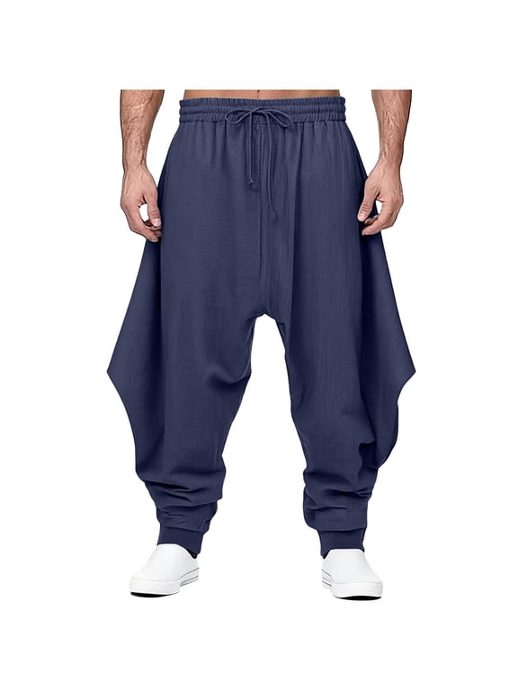 Mens Casual Harem Pants Baggy Linen Boho Yoga Jogger Pants Lightweight Drawstring Elastic Waist Vintage Hippie Drop Crotch Trousers Navy XXXXL