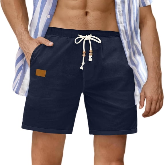 Havenre Mens Casual Stretch Cotton Linen Shorts - Lightweight Elastic Waist Drawstring Summer Beach Shorts with Pockets Dark Blue S