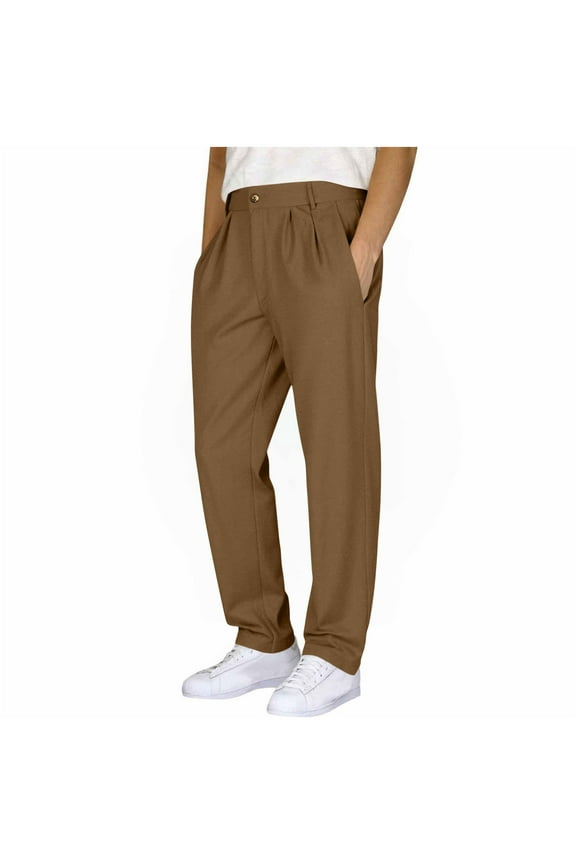 Mens Casual Suit Pants Classic Fit Wrinkle-Resistant Pleated Chino Pant Trendy Straight Leg Button Waist Pleat Front Dress Slacks with Pockets(Available in Big & Tall) Coffee XXL