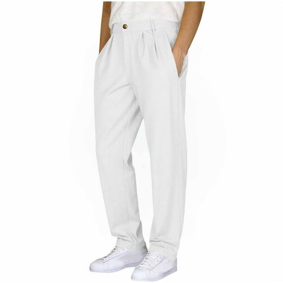 Havenre Mens Casual Suit Pants Classic Fit Wrinkle-Resistant Pleated Chino Pant Trendy Straight Leg Button Waist Pleat Front Dress Slacks with Pockets(Available in Big & Tall) White XXXL