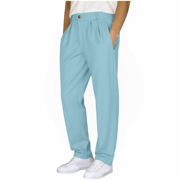 Havenre Mens Casual Suit Pants Classic Fit Wrinkle-Resistant Pleated Chino Pant Trendy Straight Leg Button Waist Pleat Front Dress Slacks with Pockets(Available in Big & Tall) Light Blue XXXL
