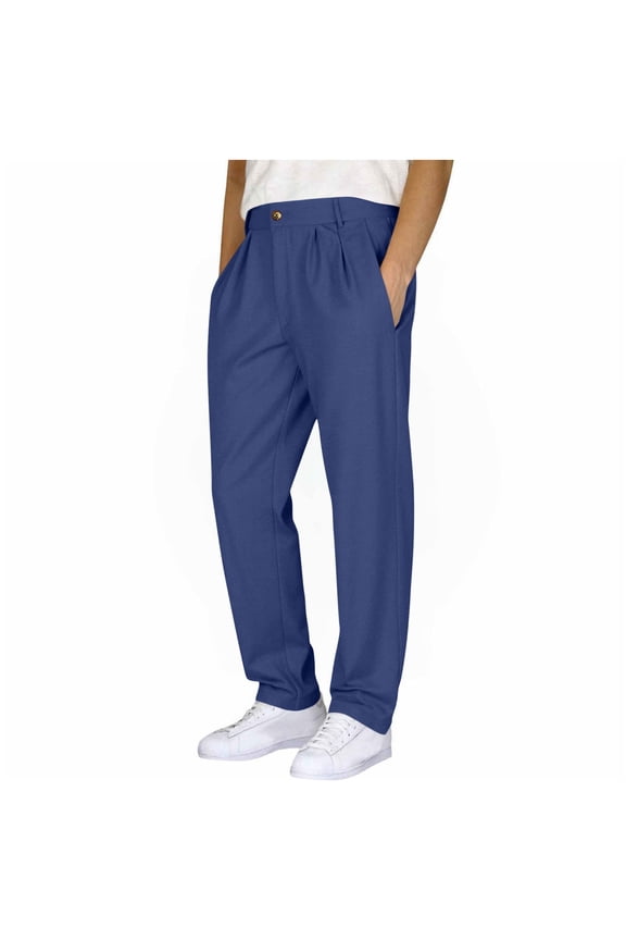 Mens Casual Suit Pants Classic Fit Wrinkle-Resistant Pleated Chino Pant Trendy Straight Leg Button Waist Pleat Front Dress Slacks with Pockets(Available in Big & Tall) Navy S