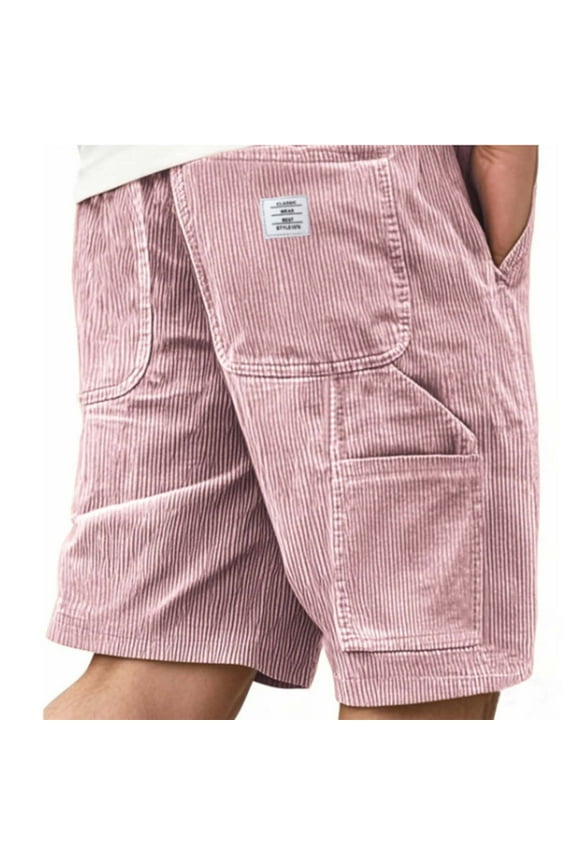 Mens Corduroy Cargo Shorts Vintage Washed Straight-Leg Shorts Fashion Classic Fit Casual Pants with Embroidery Multi-Pockets Pink M