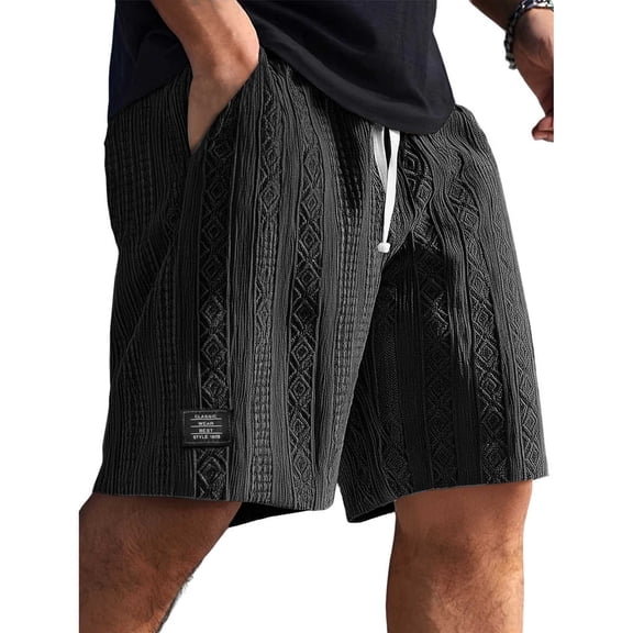Havenre Mens Daily Jacquard Textured Shorts Casual Drawstring Elastic Waist Lounge Short Pants Loose Fit Comfy Beach Shorts with Pockets Black XL