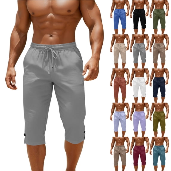 Havenre Mens Elastic Waist Drawstring Linen Capris with Pockets Trendy Buton Side Slit Summer Knee Length Jogger Shorts Basic Athletic Workout Sweat Short Pants with Pockets Brown XXXL