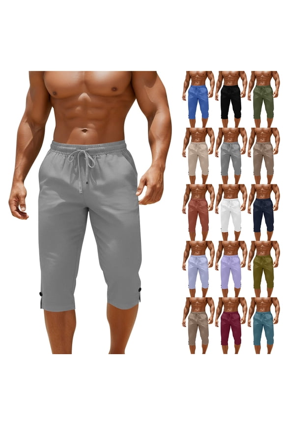 Mens Elastic Waist Drawstring Linen Capris with Pockets Trendy Buton Side Slit Summer Knee Length Jogger Shorts Basic Athletic Workout Sweat Short Pants with Pockets Blue XL