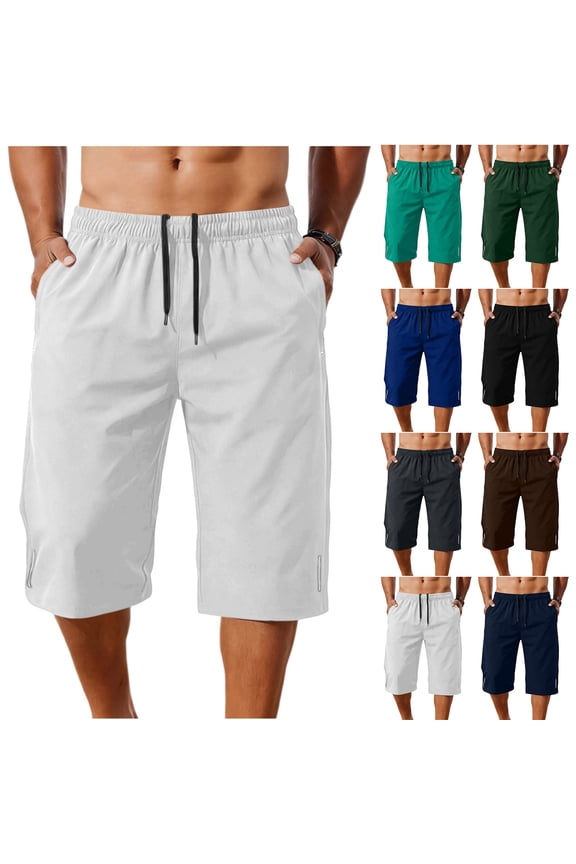 Mens Gym Capri Shorts Drawstring Elastic Waist Baggy Long Athletic Shorts Lightweight Below Knee Exercise Sweatshorts with Pockets Black L