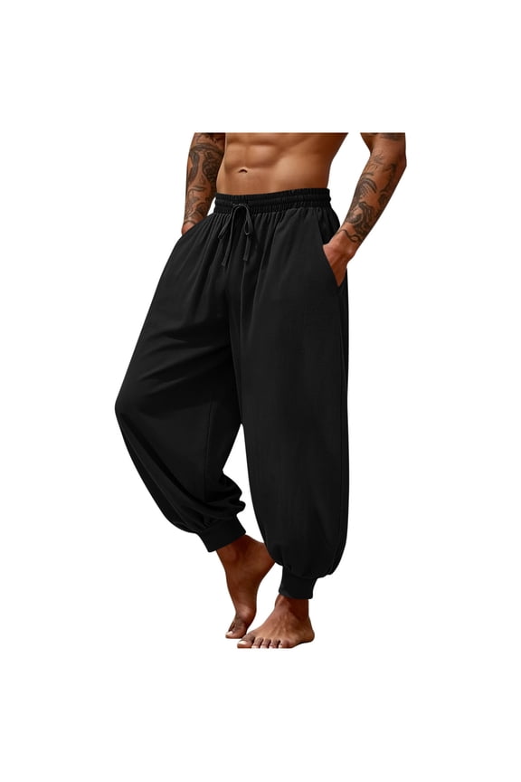 Mens Harem Pants Casual Drawstring Elastic Waist Comfy Baggy Hippie Trousers Loose Fit Soft Cotton Linen Boho Yoga Beach Pants with Pockets Black XXXL