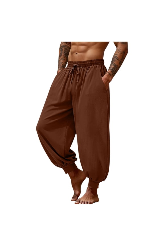 Mens Harem Pants Casual Drawstring Elastic Waist Comfy Baggy Hippie Trousers Loose Fit Soft Cotton Linen Boho Yoga Beach Pants with Pockets Coffee M