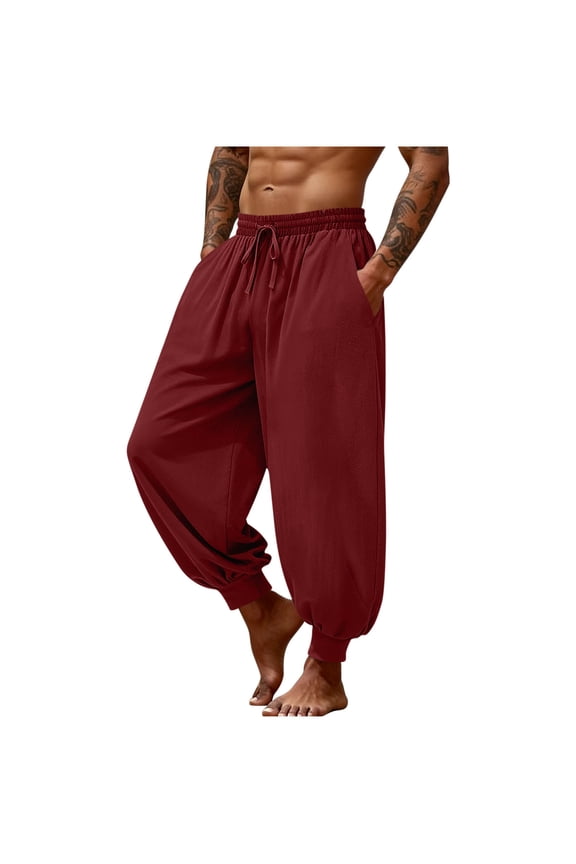Mens Harem Pants Casual Drawstring Elastic Waist Comfy Baggy Hippie Trousers Loose Fit Soft Cotton Linen Boho Yoga Beach Pants with Pockets Wine XXL