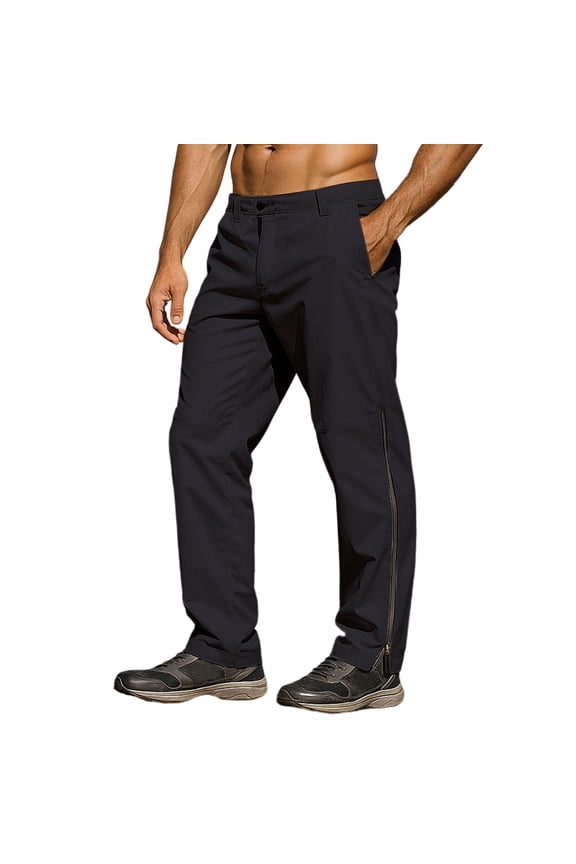 Mens Hiking Pants Lightweight Cargo Work Tactical Nylon Stretch Half Zipper Side Slit Waterproof Quick Dry Fishing Travel Outdoor Trousers with Pockets Black XL
