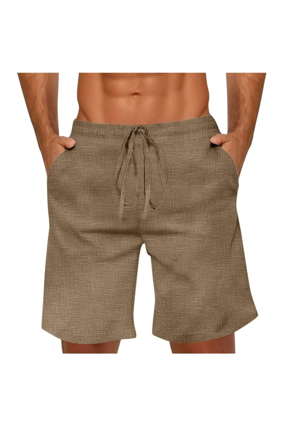 Mens Linen Shorts Lightweight Casual Elastic Waist Drawstring Lounge Shorts Lightweight Summer Beach Shorts with Pockets Coffee L