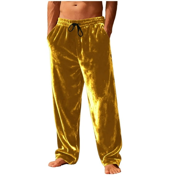 Havenre Mens Plush Warm Pajama Pants, Drawstring Elastic Waist Fluffy Soft Fleece Sleep Pant with Pockets Loose Comfy Lounge Pj Bottoms for Men Gold M
