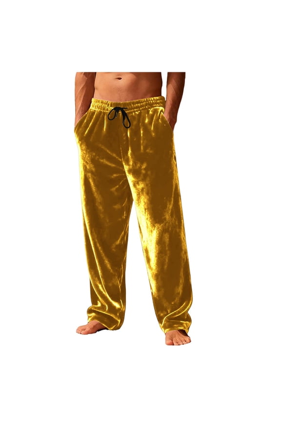 Mens Plush Warm Pajama Pants, Drawstring Elastic Waist Fluffy Soft Fleece Sleep Pant with Pockets Loose Comfy Lounge Pj Bottoms for Men Gold S