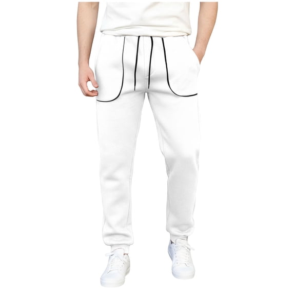 Havenre Mens Stripe Track Pants Skinny Fit Stretch Trouser Elastic Jogger Drawstring Elastic Waist Straight Leg Gym Workout Sweat Pants with Pockets White L