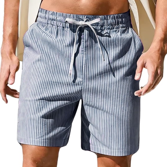 Havenre Mens Striped Shorts Casual Stretch Elastic Waist Drawstring Summer Beach Short Pants Loose Fit Bermuda Shorts with Pockets Dark Blue XXL