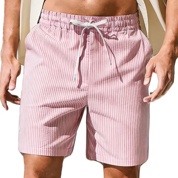 Havenre Mens Striped Shorts Casual Stretch Elastic Waist Drawstring Summer Beach Short Pants Loose Fit Bermuda Shorts with Pockets Pink XXL