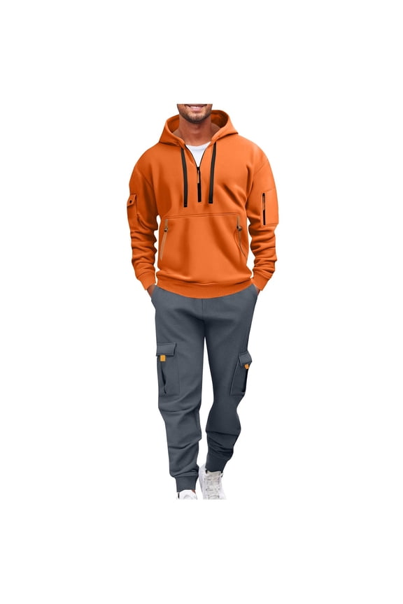 Mens Sweatsuits 2 Piece Set Fleece Half Zip up Stand Collar Long Sleeve Hoodies and Cargo Sweatpants Set Casual Athletic Tracksuits Fall Winter Jogging Suit with Multi-Pockets Orange XXL