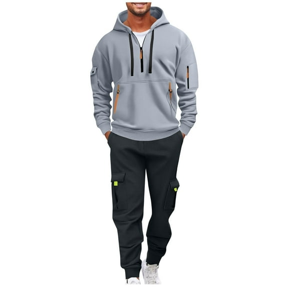 Havenre Mens Sweatsuits 2 Piece Set Fleece Half Zip up Stand Collar Long Sleeve Hoodies and Cargo Sweatpants Set Casual Athletic Tracksuits Fall Winter Jogging Suit with Multi-Pockets Gray#01 M