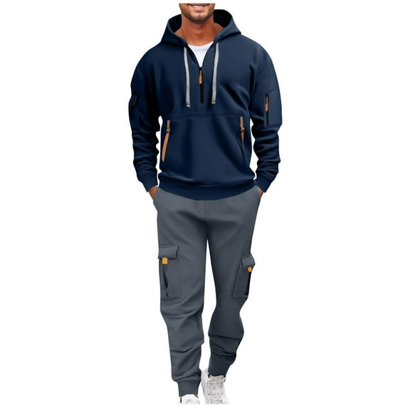 Havenre Mens Sweatsuits 2 Piece Set Fleece Half Zip up Stand Collar Long Sleeve Hoodies and Cargo Sweatpants Set Casual Athletic Tracksuits Fall Winter Jogging Suit with Multi-Pockets Navy S