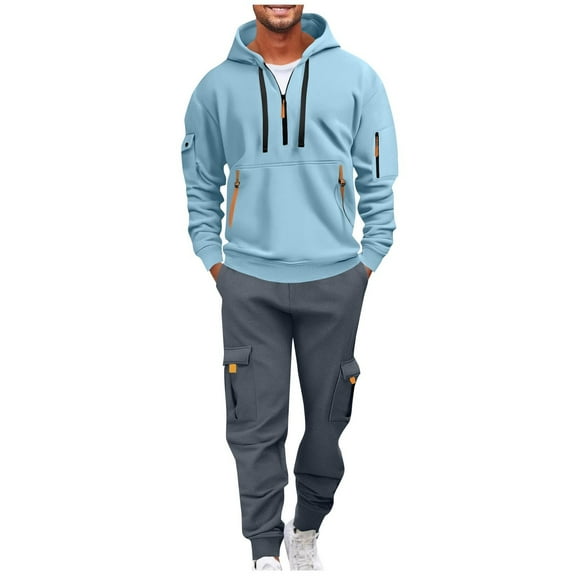 Havenre Mens Sweatsuits 2 Piece Set Fleece Half Zip up Stand Collar Long Sleeve Hoodies and Cargo Sweatpants Set Casual Athletic Tracksuits Fall Winter Jogging Suit with Multi-Pockets Sky Blue XL
