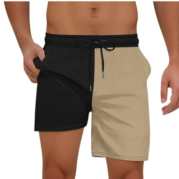 Havenre Mens Swim Trunks Big and Tall Regular Fit Casual Quick Dry Color Block Summer Drawstring Elastic Waist Beach Shorts with Pockets Beige XXL