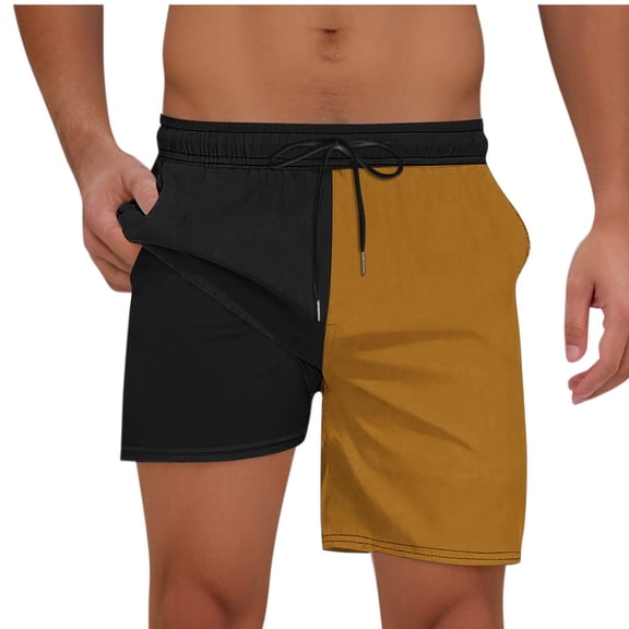 Havenre Mens Swim Trunks Big and Tall Regular Fit Casual Quick Dry Color Block Summer Drawstring Elastic Waist Beach Shorts with Pockets Gold M